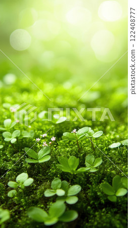 macro shot of vibrant green moss with tiny blooming flowers, creating serene atmosphere macro shot of vibrant green moss with tiny blooming flowers, creating serene atmosphere 122408777