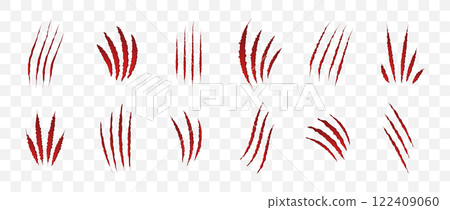 Cat scratch. Red claw scratches set isolated on transparent background. Dragon, bear or tiger claw marks. Halloween monster paw scratch trace on surface. Flat vector illustration 122409060