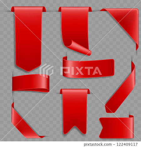Realistic Red Ribbon Tags and Banners Collection on Transparent Background Vector 122409117