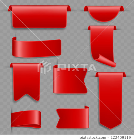 Realistic Red Ribbon Tags and Banners Collection on Transparent Background Vector Realistic Red Ribbon Tags and Banners Collection on Transparent Background Vector 122409119