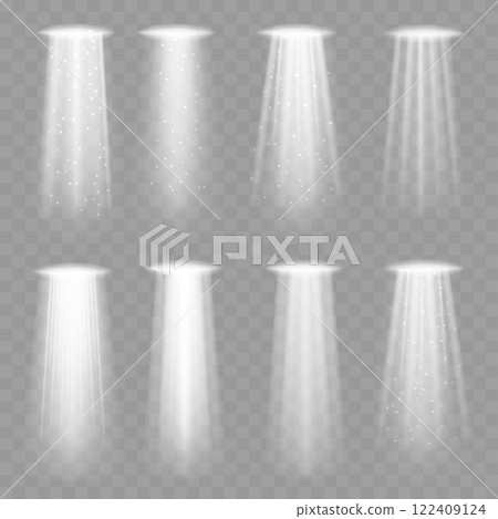 Realistic Glowing Spotlight Beams with Particles on Transparent Background Vector 122409124