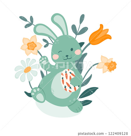 Bunny waves his hand and holds an Easter egg in his paws on a background of flowers. Vector illustration isolated on a white background in a flat style. 122409128