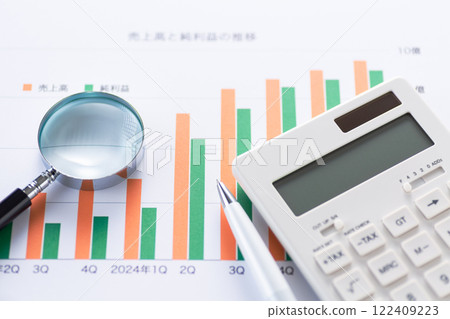 Company performance graph, calculator and magnifying glass 122409223