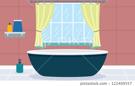 Flat Design Illustration of Bathtub in Clean Bathroom at Home with Curtain on the Window 122409357