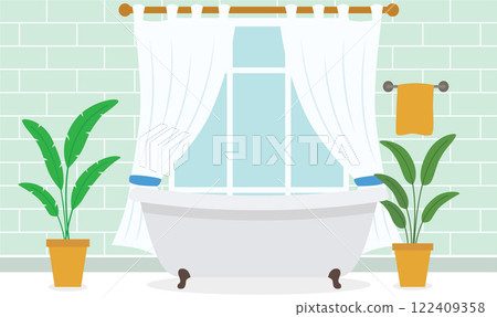 Flat Design Illustration of Bathtub in Clean Bathroom at Home with Curtain on the Window Flat Design Illustration of Bathtub in Clean Bathroom at Home with Curtain on the Window 122409358