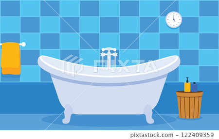 Flat Design Illustration of Bathtub in Cozy Clean Bathroom at Home with Ceramic Wall Background Flat Design Illustration of Bathtub in Cozy Clean Bathroom at Home with Ceramic Wall Background 122409359