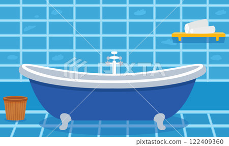 Flat Design Illustration of Bathtub in Cozy Clean Bathroom at Home with Ceramic Wall Background 122409360