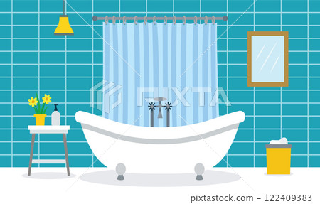 Flat Design Illustration of Bathtub in Cozy Clean Bathroom at Home with Curtain 122409383