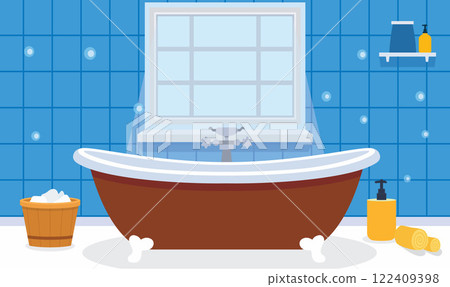 Flat Design Illustration of Bathtub in Cozy Clean Bathroom at Home with Window Flat Design Illustration of Bathtub in Cozy Clean Bathroom at Home with Window 122409398