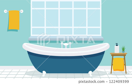 Flat Design Illustration of Bathtub in Cozy Clean Bathroom at Home with Window Flat Design Illustration of Bathtub in Cozy Clean Bathroom at Home with Window 122409399