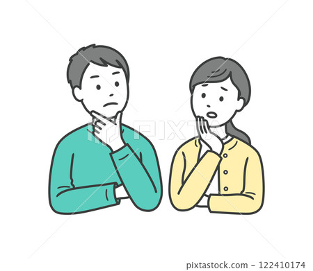 一對成年男女夫婦雙手放在臉上擔心的上半身插圖 一對成年男女夫婦雙手放在臉上擔心的上半身插圖 122410174