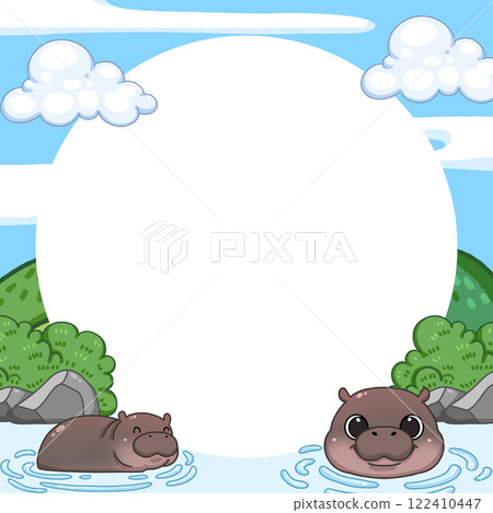 Frame of Cute Pygmy Hippo cartoon digital painting 122410447