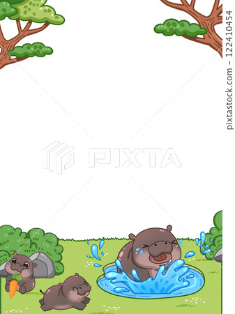 Frame of Cute Pygmy Hippo cartoon digital painting 122410454