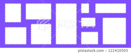 White postage stamps set. Post stamp frames and borders. Rectangle and square template for mail, postcard, letter, note. Jagged wavy edge forms. Vector zigzag objects for badge, sticker, photo 122410503
