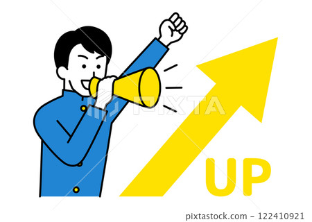 A rising arrow and a male student cheering with a megaphone A rising arrow and a male student cheering with a megaphone 122410921