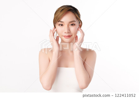 Beautiful young asian woman with clean fresh skin on white background, Face care, Facial treatment, Cosmetology, beauty and spa, Asian women portrait. Beautiful young asian woman with clean fresh skin on white background, Face care, Facial treatment, Cosmetology, beauty and spa, Asian women portrait. 122411052