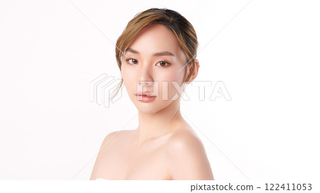 Beautiful young asian woman with clean fresh skin on white background, Face care, Facial treatment, Cosmetology, beauty and spa, Asian women portrait. Beautiful young asian woman with clean fresh skin on white background, Face care, Facial treatment, Cosmetology, beauty and spa, Asian women portrait. 122411053