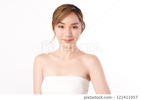 Beautiful young asian woman with clean fresh skin on white background, Face care, Facial treatment, Cosmetology, beauty and spa, Asian women portrait. 122411057