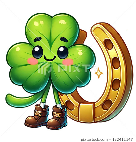 A cheerful cartoon clover beside a lucky horseshoe symbol. St. Patrick's Day concept. 122411147