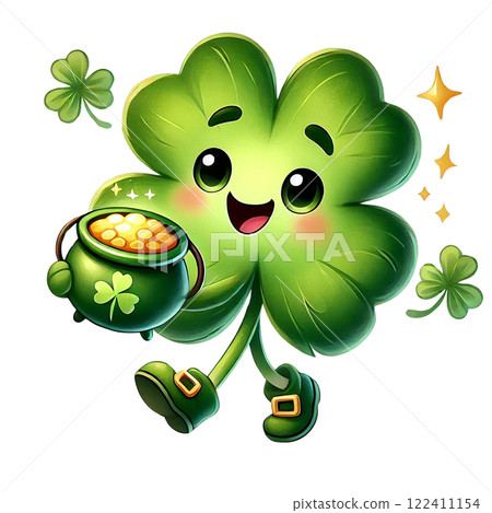 A cheerful four-leaf clover character with a pot of gold. St. Patrick's Day concept. 122411154