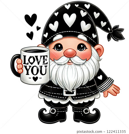 A cheerful gnome holding a coffee mug with a love message. Black Valentine's day concept. A cheerful gnome holding a coffee mug with a love message. Black Valentine's day concept. 122411335