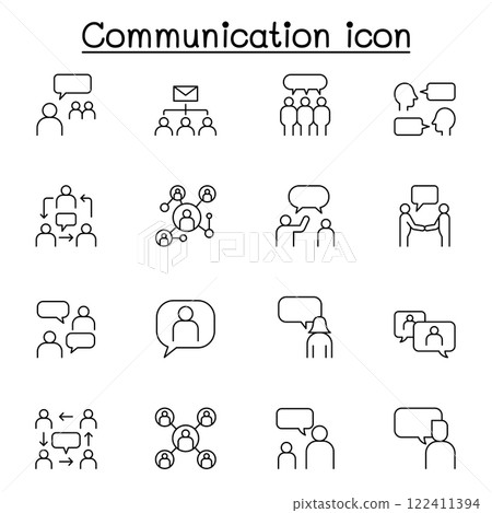 Talking, Speaking and communication icon set in thin line style Talking, Speaking and communication icon set in thin line style 122411394