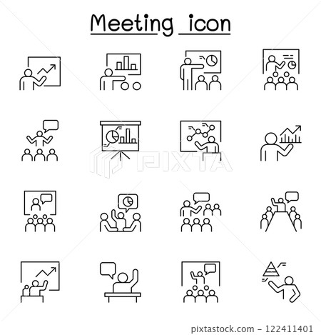 Meeting, presentation and conference icon set in thin line style 122411401