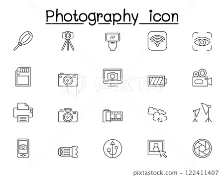 Camera and Photography icon set in thin line style 122411407