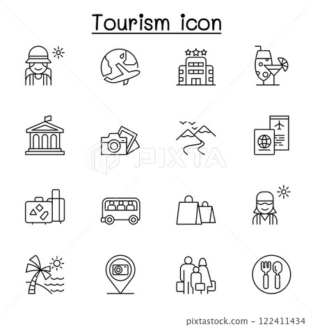 tourism icon set in thin line style 122411434