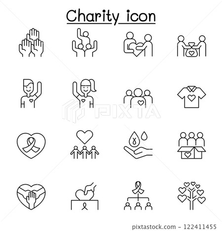 Charity and volunteer icon set in thin line stlye Charity and volunteer icon set in thin line stlye 122411455