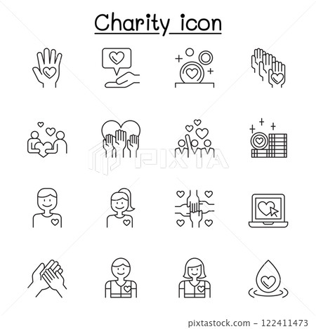 Charity, donation and volunteer icon set in thin line style 122411473