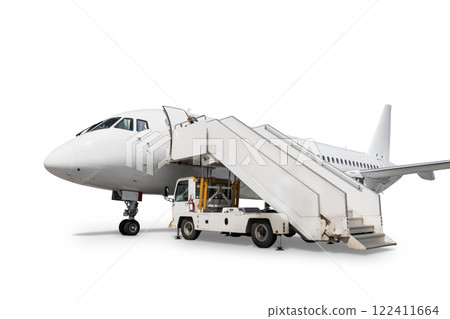 Passenger jetliner with air-stairs isolated on white background Passenger jetliner with air-stairs isolated on white background 122411664