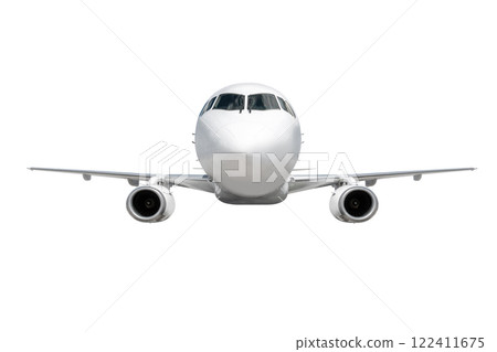 Front view of the passenger aircraft fly isolated on white background Front view of the passenger aircraft fly isolated on white background 122411675