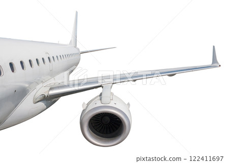 Passenger jet plane flies isolated on white background 122411697