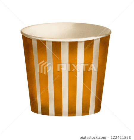 Paper glass. Empty dishes. Large striped flower pot. Watercolor illustration without background. Dishes with gold and yellow stripes. Plate for popcorn and snacks.  122411838