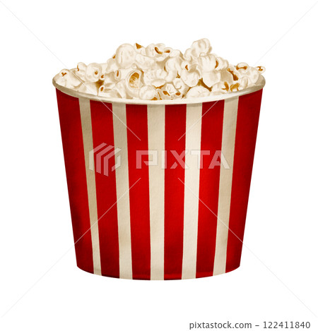 container with popcorn. Large paper glass with red stripes. Lots of popcorn in a glass. Watercolor illustration isolated from background. Classic retro style. Snack in a bowl. Movie party. container with popcorn. Large paper glass with red stripes. Lots of popcorn in a glass. Watercolor illustration isolated from background. Classic retro style. Snack in a bowl. Movie party. 122411840