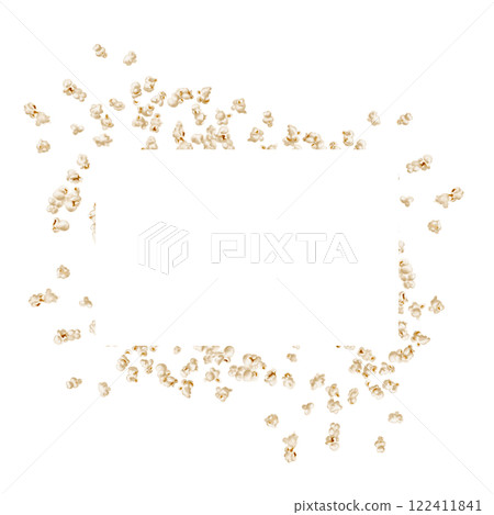 Popcorn flies in different directions. rectangular frame made of snacks. Watercolor illustration isolated from background. Corn crispy snack. design of menus and cards.  122411841