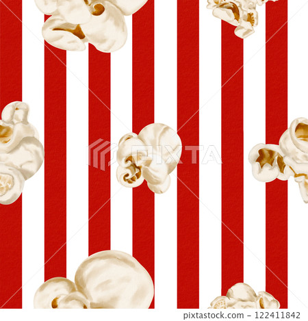Popcorn on a striped background. Seamless pattern. Big popcorn and red stripes. Classic retro style. Watercolor illustration. Printing on fabric, textiles and paper. Snack packaging.  122411842