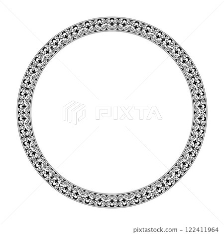 Round monochrome floral european national pattern. Ethnic circle ornament of Ancient Greece, Roman Empire. Pattern frame for round surfaces, invitations, textiles, engraving, embroidery, forging 122411964
