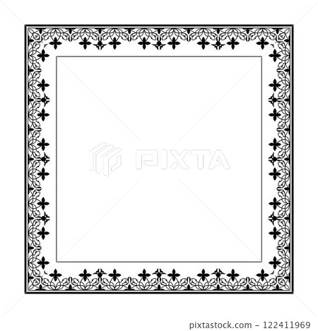 Square black and white floral european national pattern frame. Ethnic square ornament of Ancient Greece, Roman Empire. Pattern frame for square surfaces, invitations, textiles, engraving, embroidery Square black and white floral european national pattern frame. Ethnic square ornament of Ancient Greece, Roman Empire. Pattern frame for square surfaces, invitations, textiles, engraving, embroidery 122411969