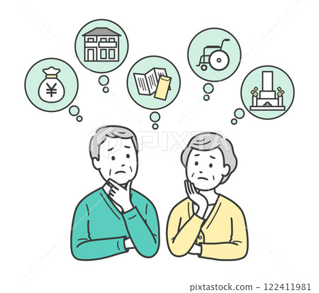 一對老年夫婦擔心金錢、住房、護理、墳墓和遺囑的上半身插圖 122411981