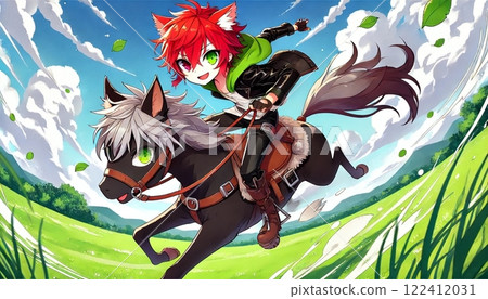 The adventures of a boy with cat ears and a black horse racing through the wind 122412031