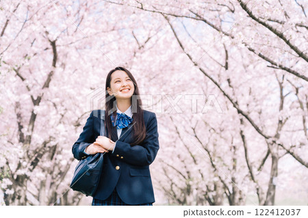 High school students walking under the rows of cherry blossom trees 122412037