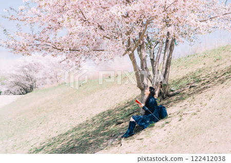High school student reading under the cherry blossom tree High school student reading under the cherry blossom tree 122412038