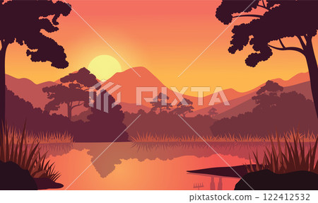 Beautiful Golden Sun at Sunset Sunrise in Mountains Rice Field Nature Landscape 122412532