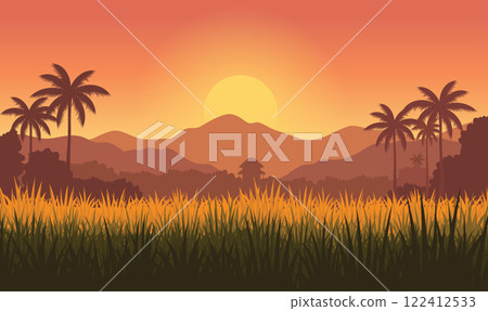 Beautiful Golden Sun at Sunset Sunrise in Mountains Rice Field Nature Landscape 122412533