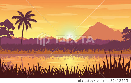 Beautiful Golden Sun at Sunset Sunrise in Mountains Rice Field Nature Landscape Beautiful Golden Sun at Sunset Sunrise in Mountains Rice Field Nature Landscape 122412535