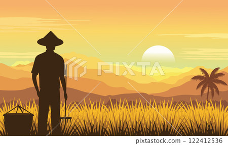 Farmer Silhouette in Mountains Rice Field Landscape with Golden Sun at Sunrise Sunset 122412536