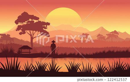Farmer Silhouette in Mountains Rice Field Landscape with Golden Sun at Sunrise Sunset 122412537