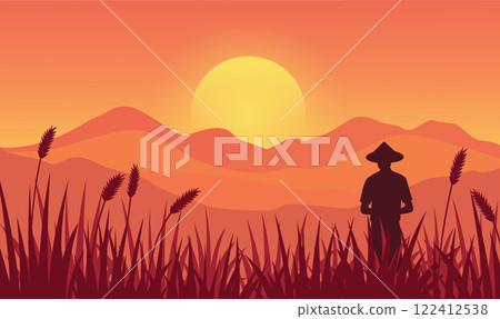 Farmer Silhouette in Mountains Rice Field Landscape with Golden Sun at Sunrise Sunset Farmer Silhouette in Mountains Rice Field Landscape with Golden Sun at Sunrise Sunset 122412538